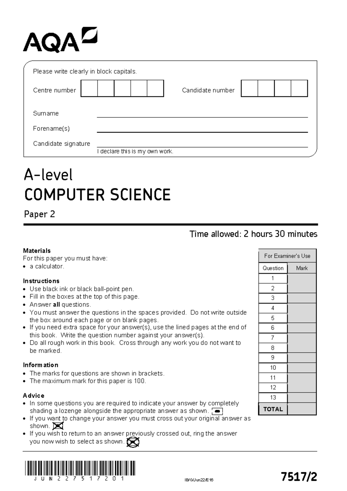 June 2022 AQA Computer Science A-level Paper 2 Exam Questions - Studocu