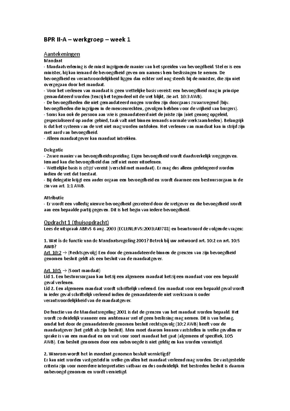 BPR II-A: Notities, Vragen en Antwoorden - Werkgroep 1 Week 1 - Studeersnel