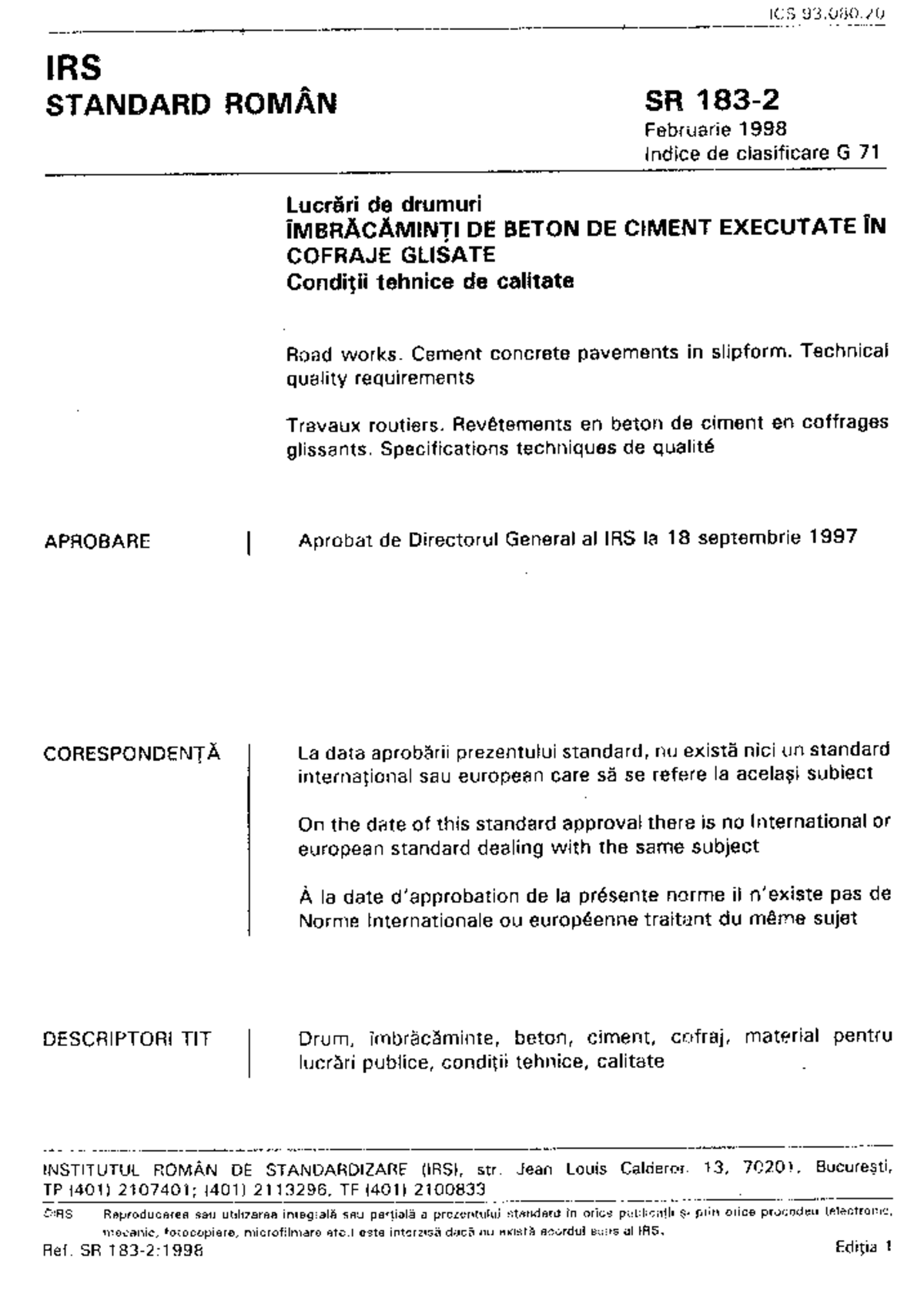 SR 183-2-98 Standard pentru Îmbrăcăminți de Beton de Ciment - Studocu