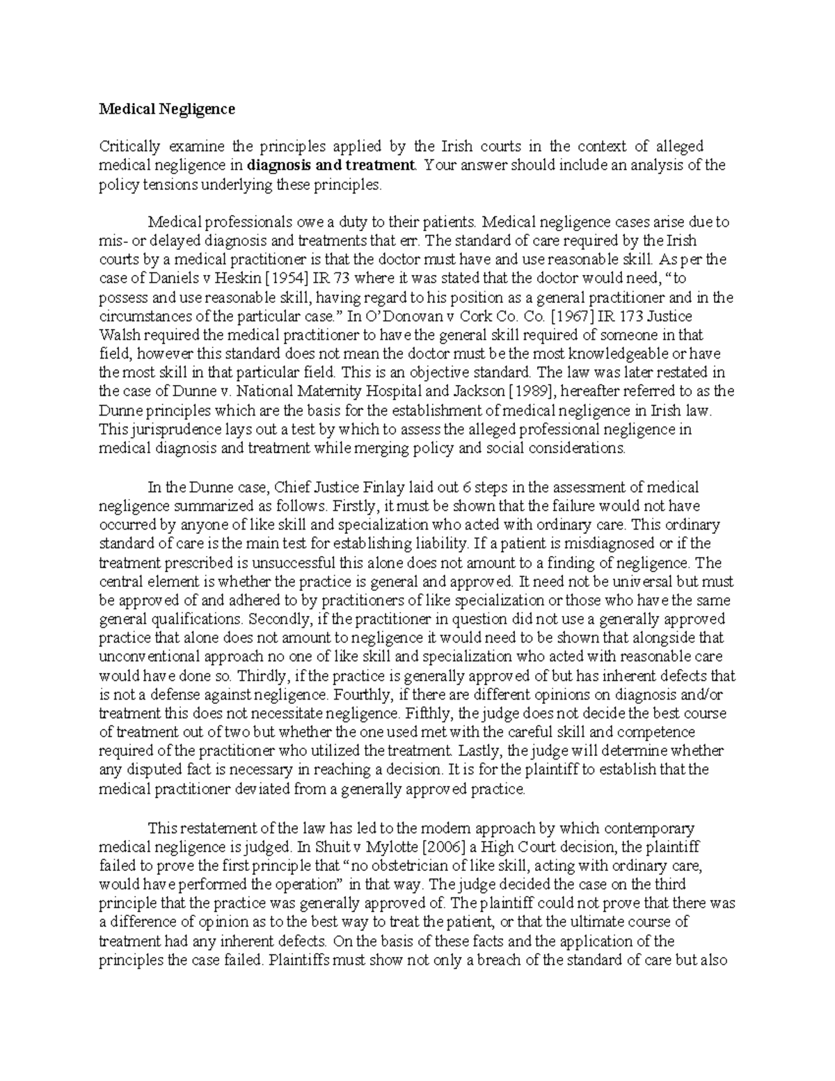 Tort Law Case Studies: Medical Negligence Analysis (TL 101) - Studocu