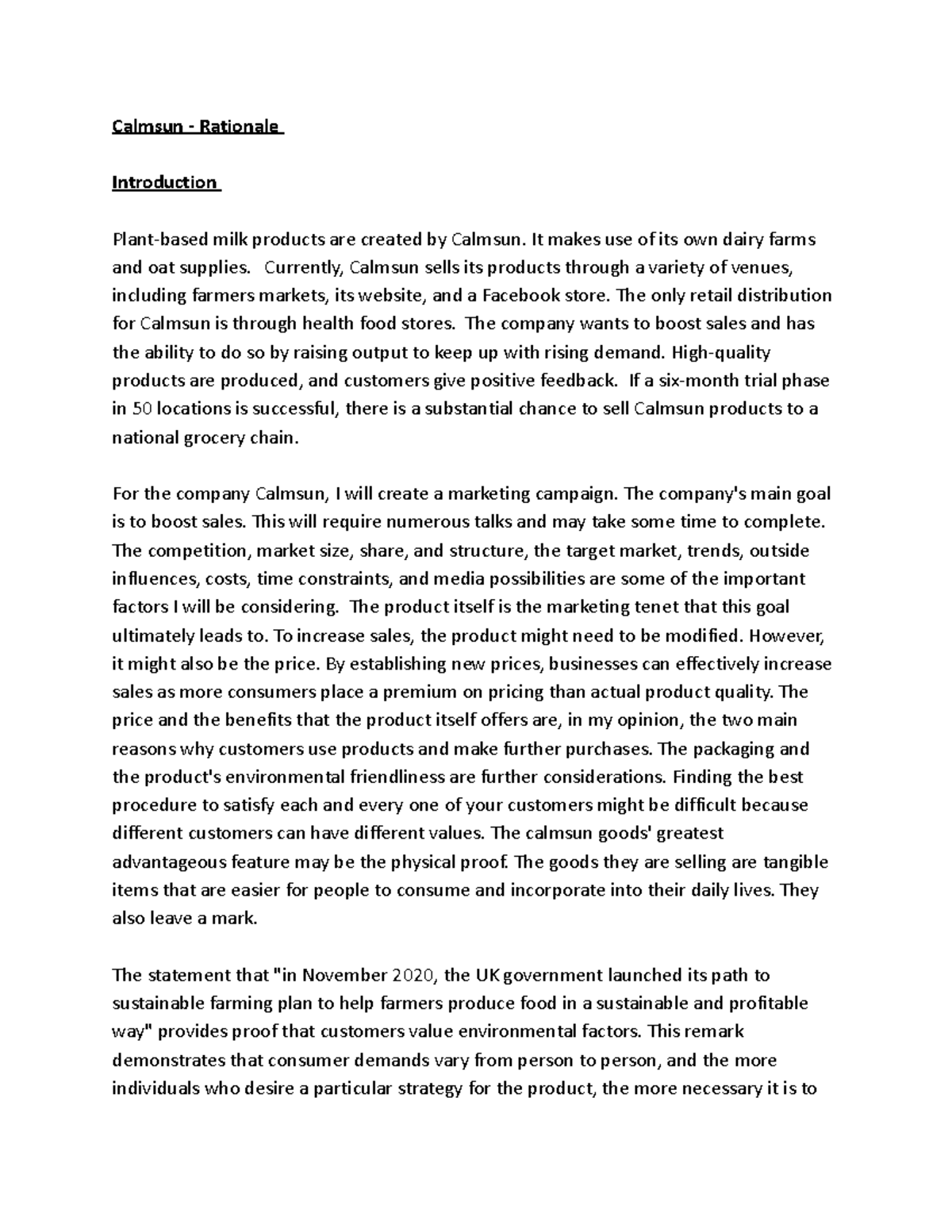 Calmsun - rationale - Calmsun - Rationale Introduction Plant-based milk ...