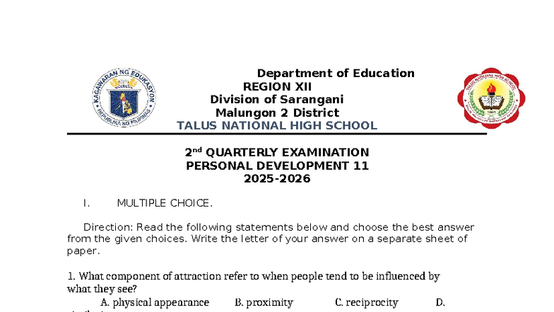 PerDev 11: 2nd Quarterly Exam on Personal Development - Studocu