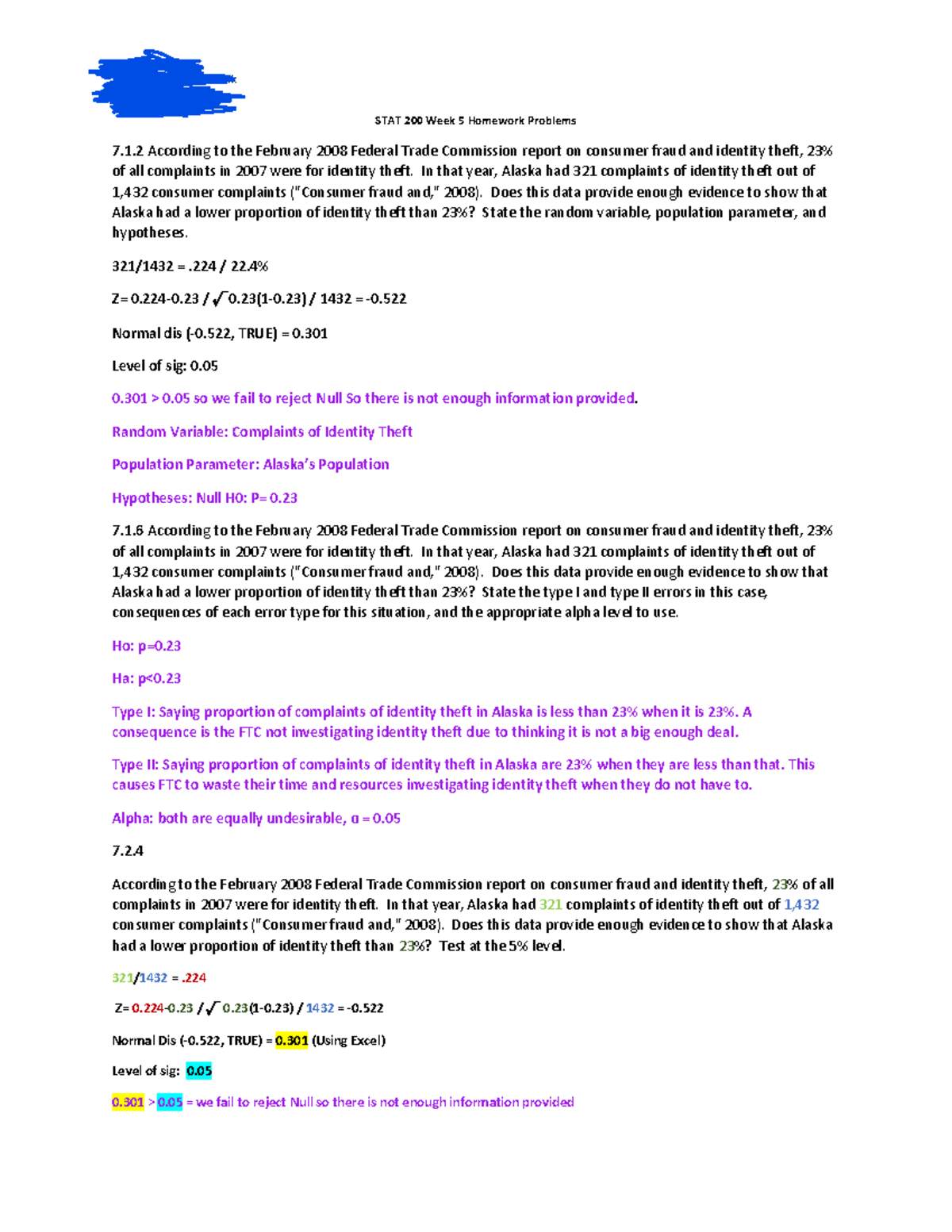 STAT 200 Week 5 Homework Problems and Solutions - Studocu