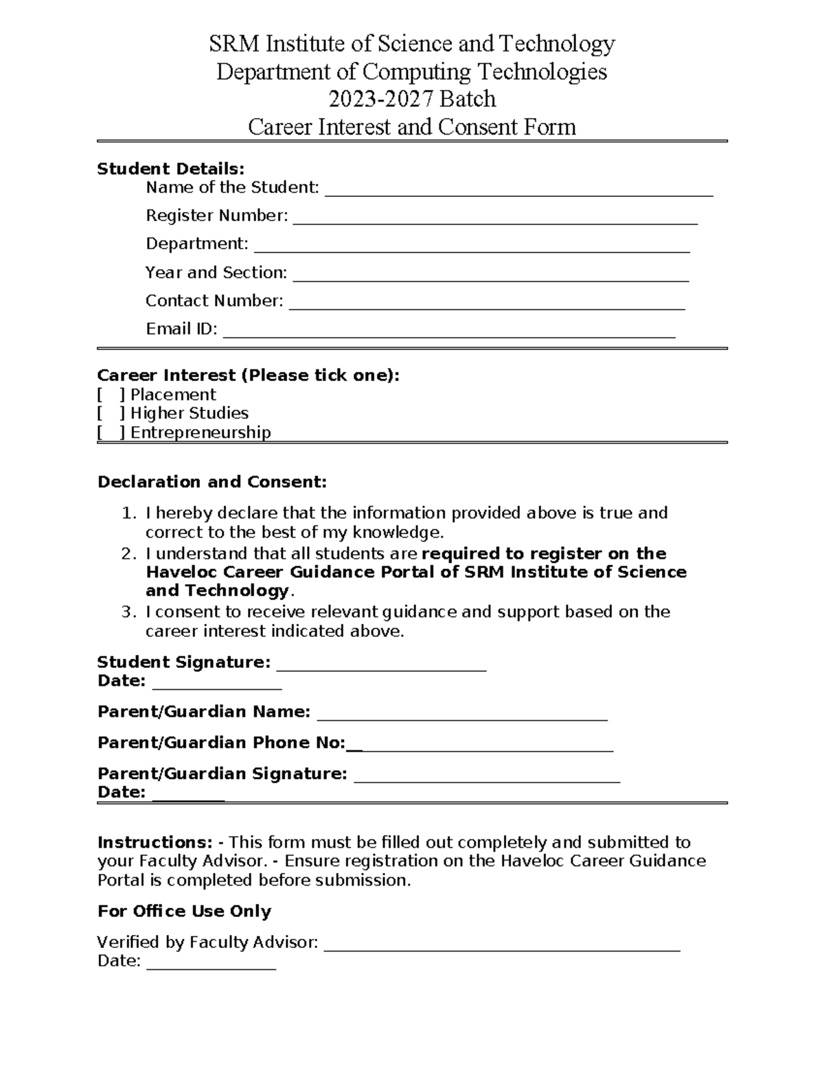 SRM Institute Career Interest & Consent Form - Studocu