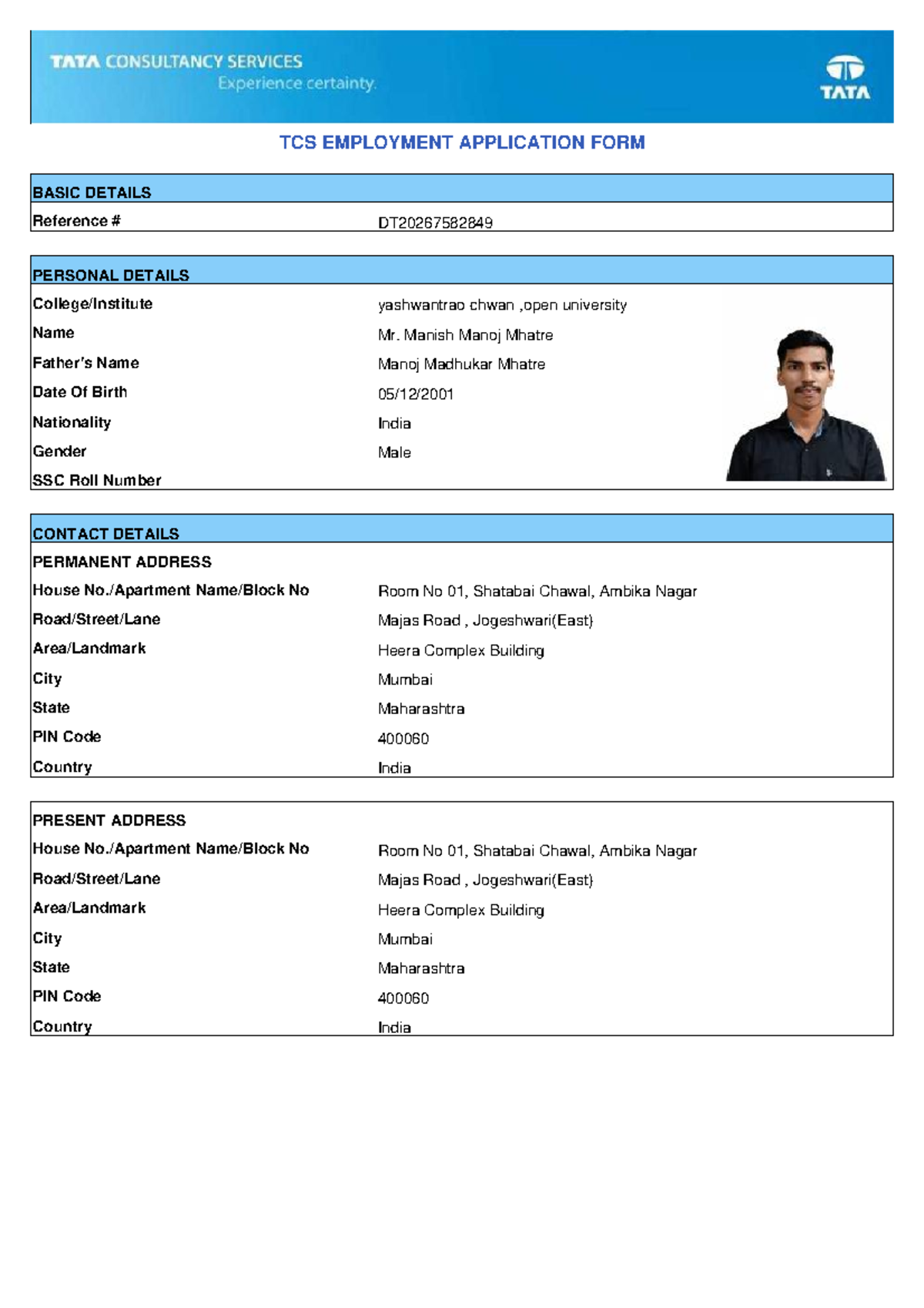 TCS Employment Application Form - DT20267582849 - Studocu