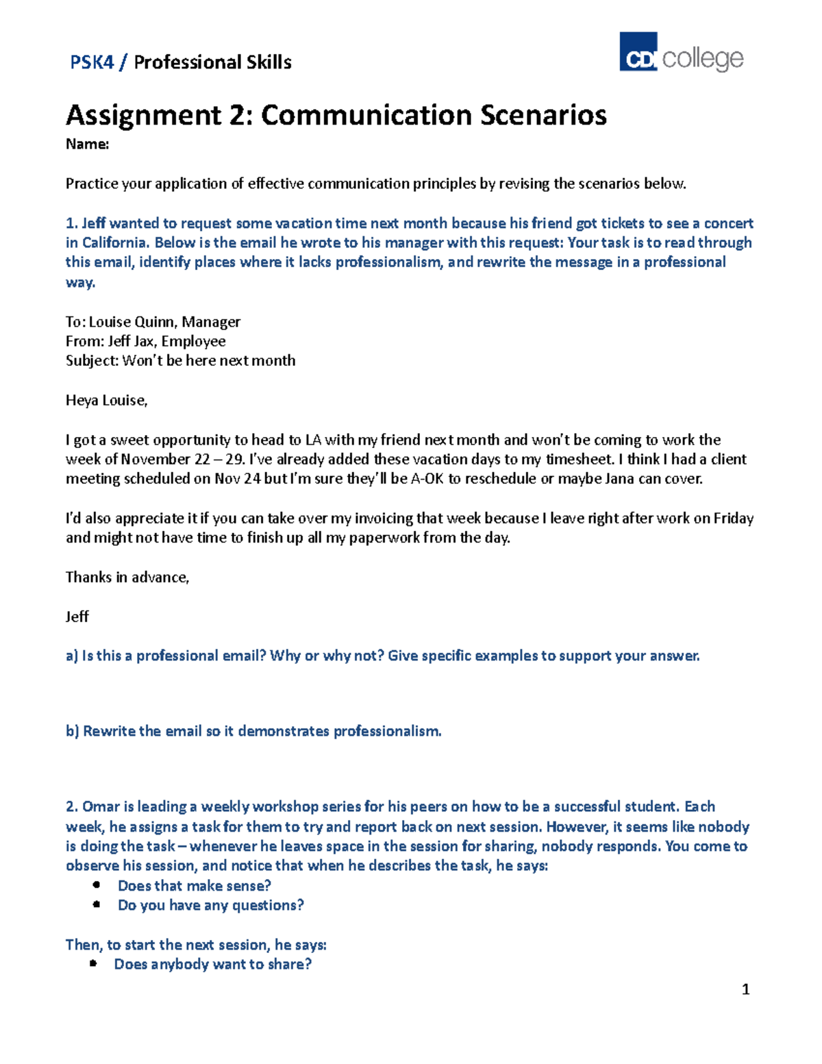 PSK4 v1-0 Assignment 2: Effective Communication Scenarios - Studocu