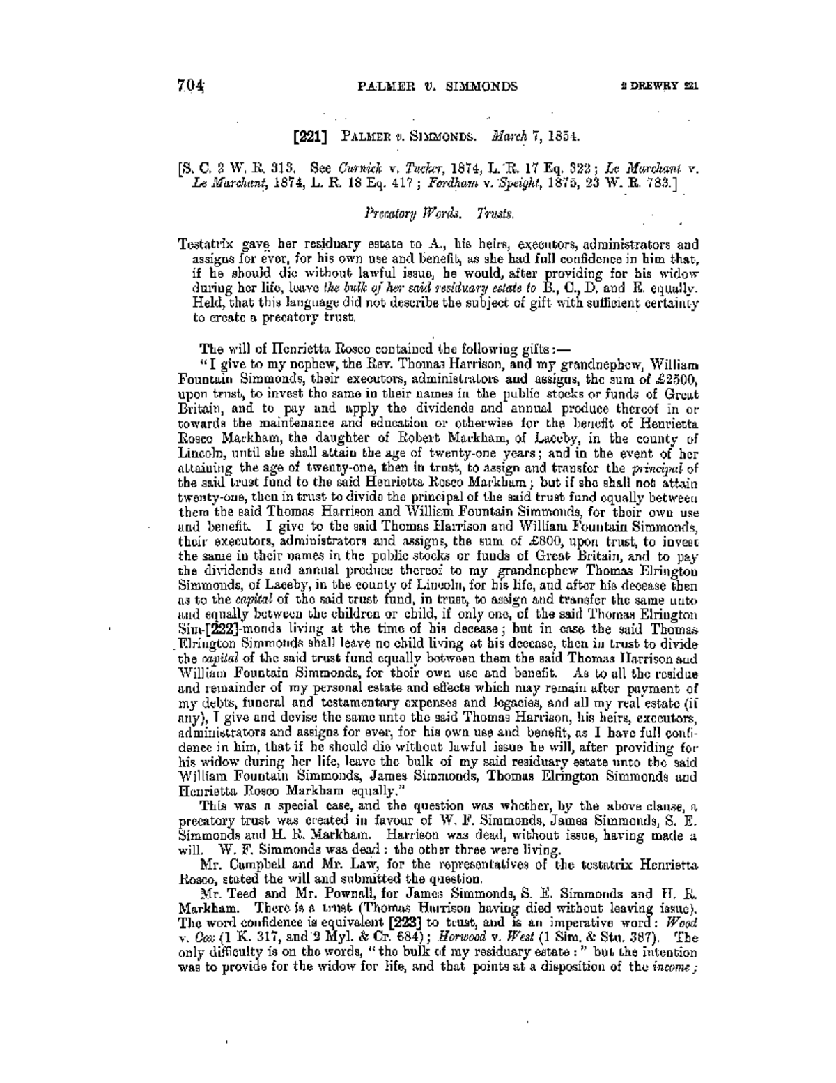 704 PALMER v SIMMONDS: Analysis of Precatory Trusts in Wills - Studocu