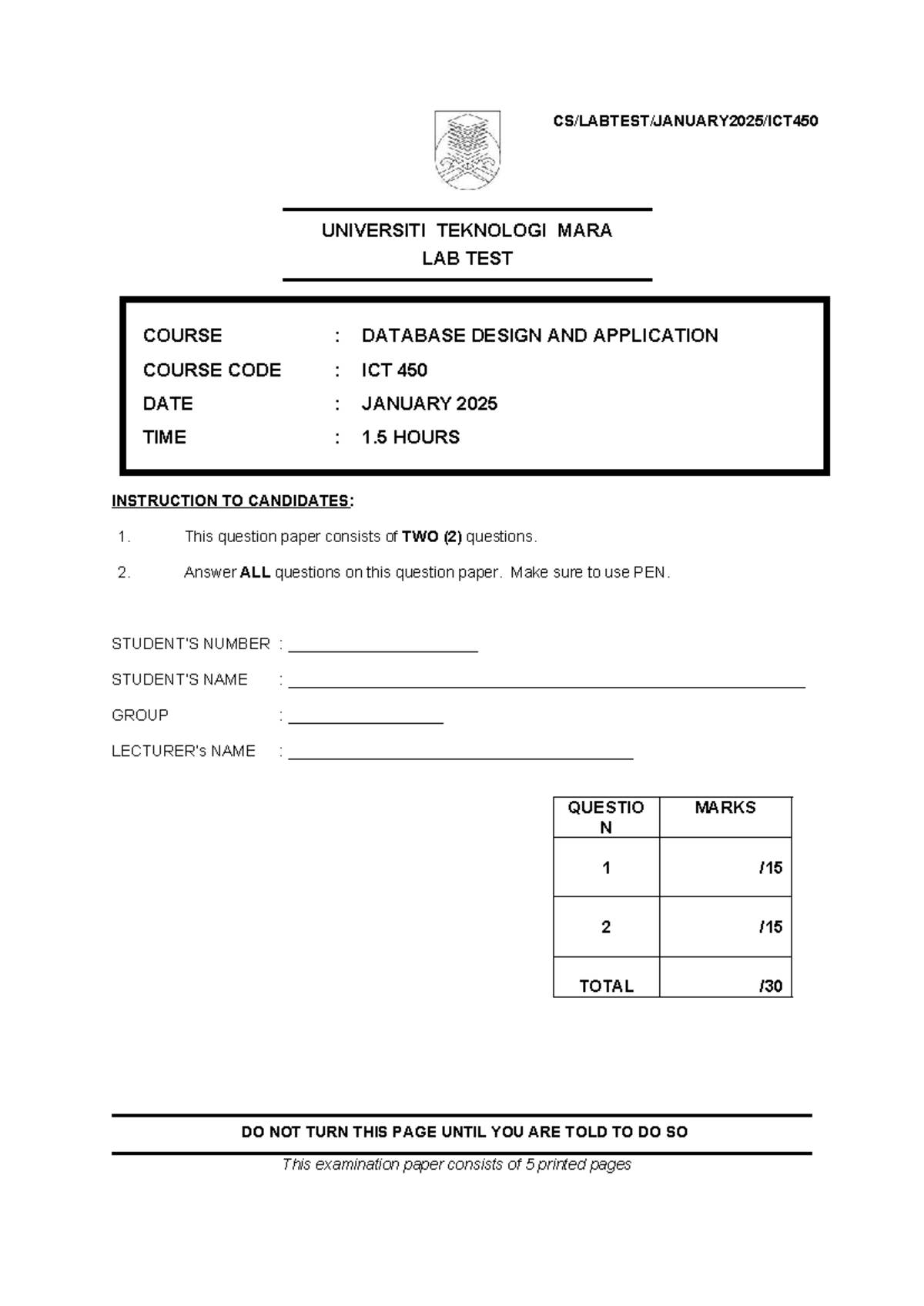 Lab Test ICT450 - Database Design and Application January 2025 - Studocu