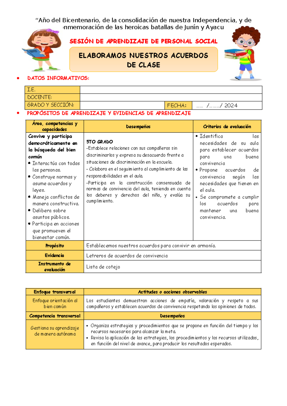 Sesión de Aprendizaje: Acuerdos de Convivencia en 5to Grado PS 2024 ...