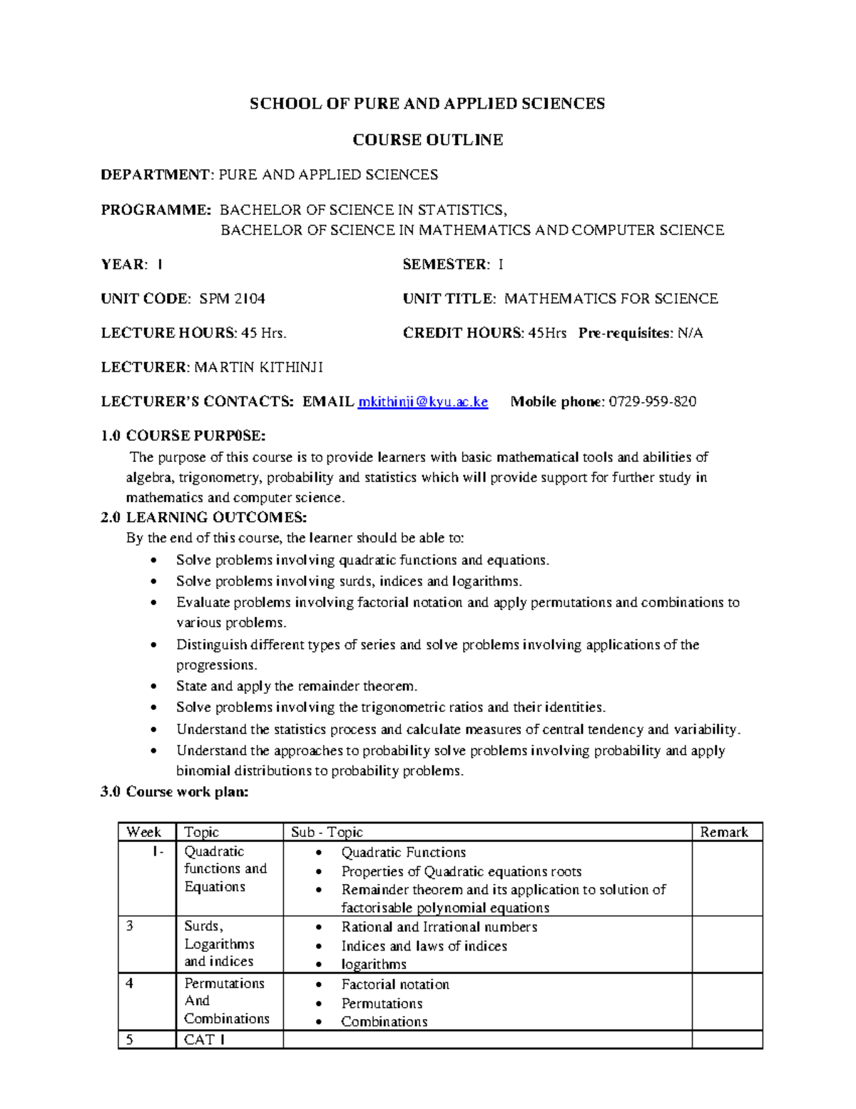 SPM 2104 Mathematics for Science Course Outline & Learning Outcomes ...