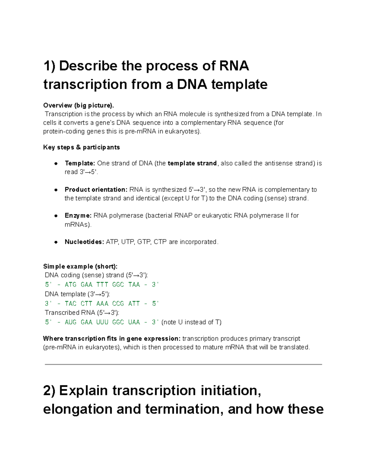 RNA Transcription Process and Regulation Overview - Studocu