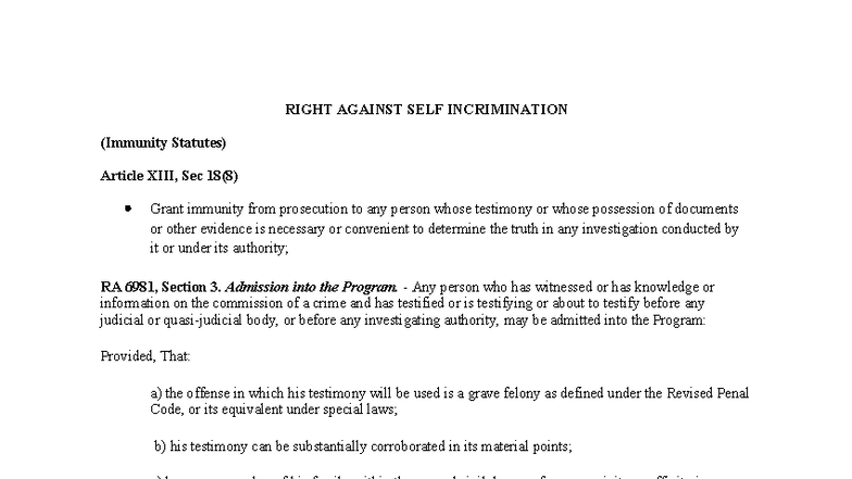 RIGHT AGAINST SELF-INCRIMINATION: Immunity Statutes Overview - Studocu