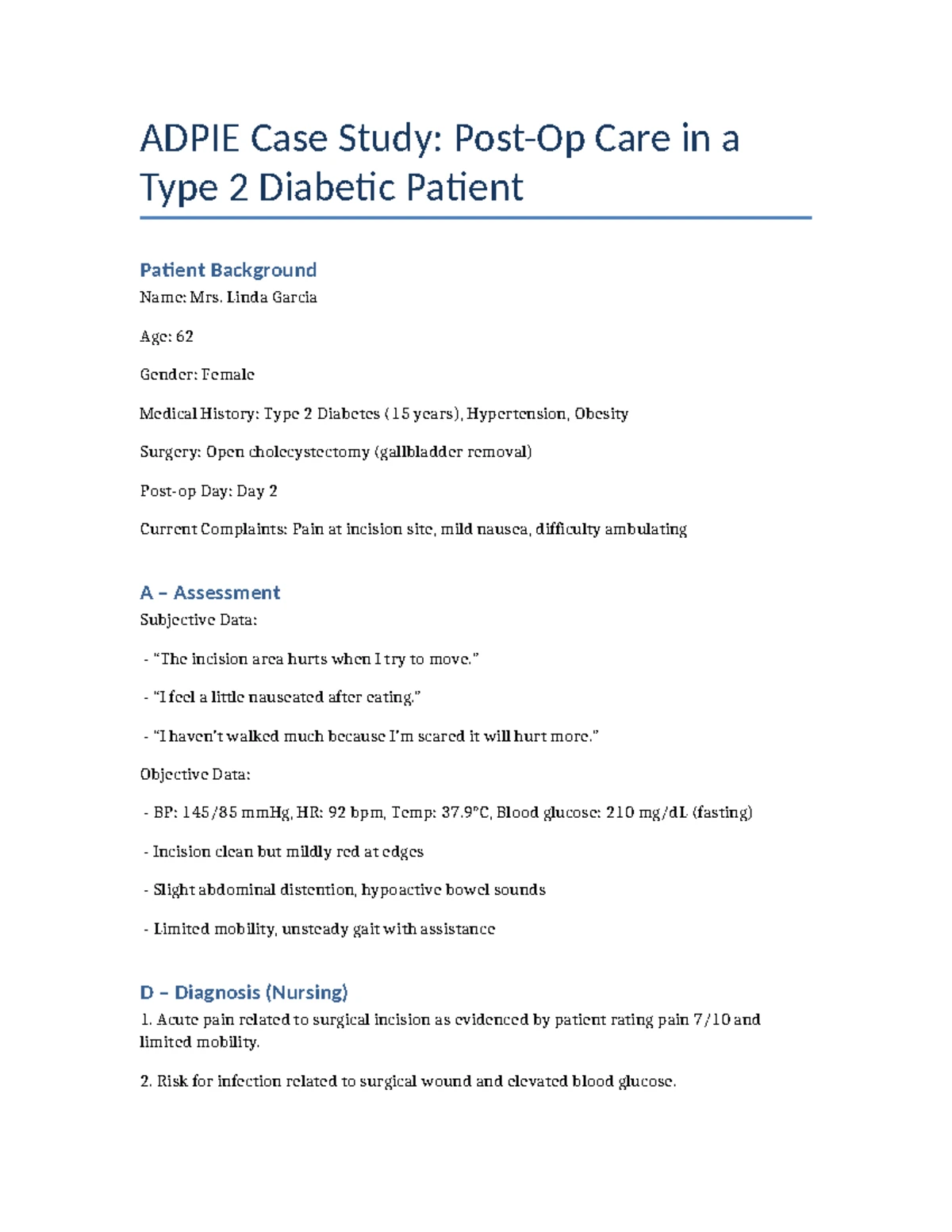 ADPIE Case Study Assignment Template Instructions for Nursing Process ...