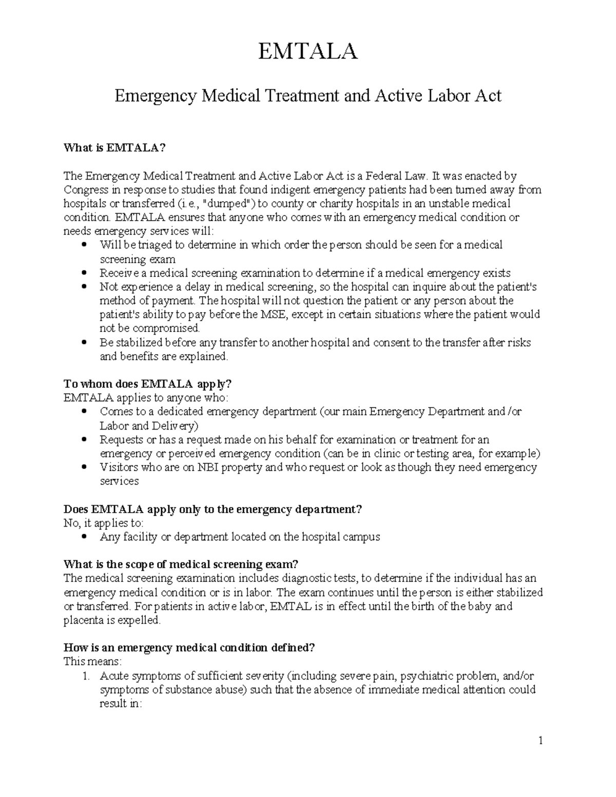 EMTALA (Emergency Medical Treatment and Active Labor Act) Post-Test ...