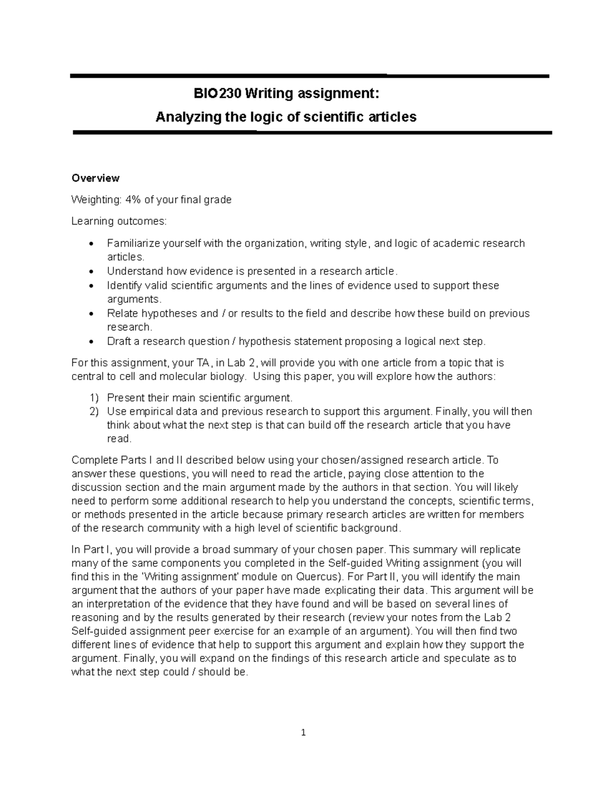 BIO230 2024 Writing Assignment: Analyzing Scientific Arguments - Studocu