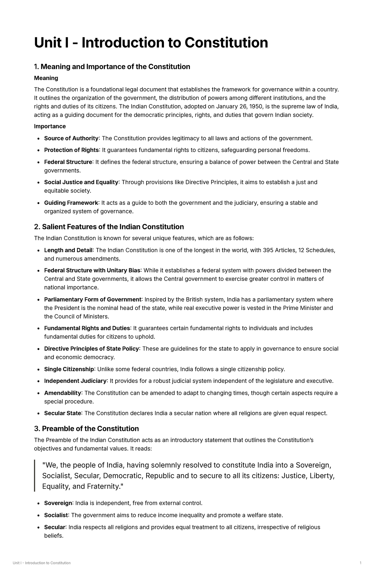 Unit I - Introduction to Constitution - Meaning and Importance of the ...