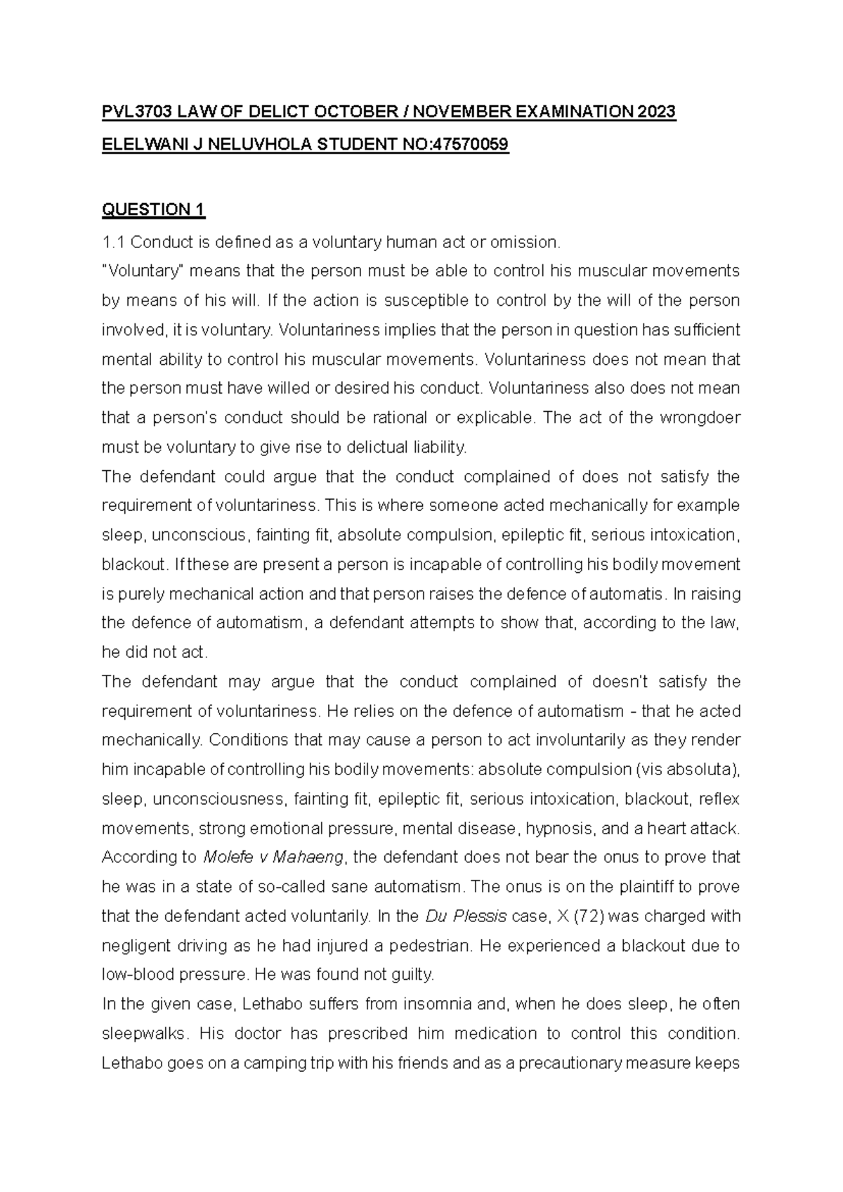 PVL3703 LAW OF DELICT OCT/NOV EXAM NOTES 2023 - Studocu