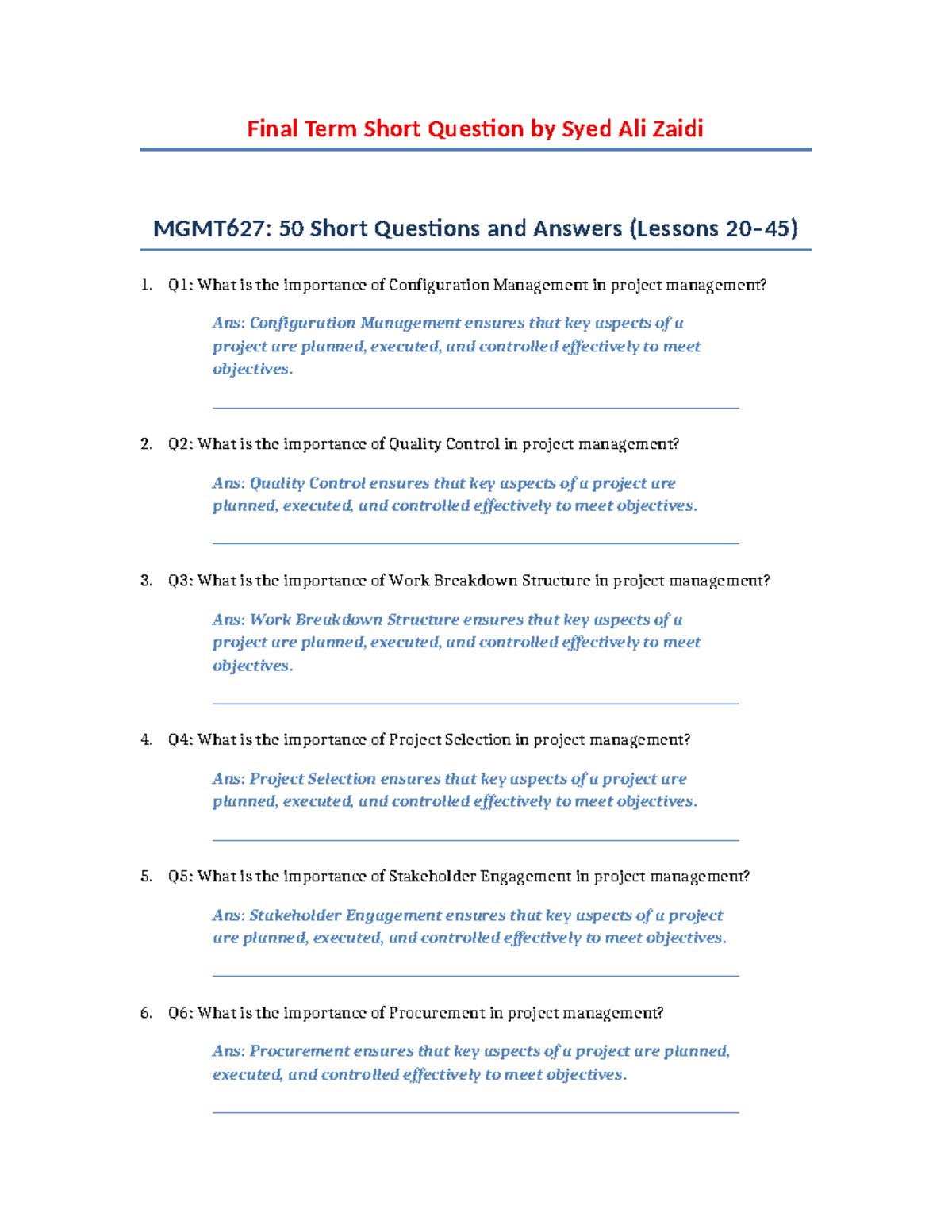 MGMT627 Final Term: 50 Short Questions & Answers on Project Management ...