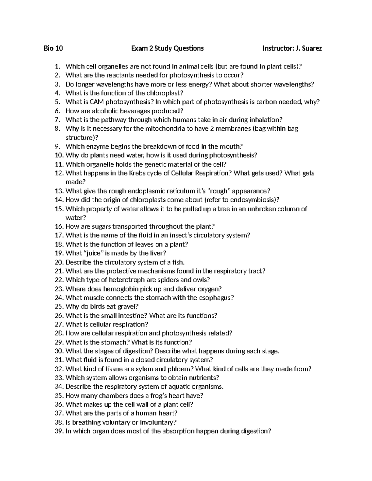 Bio 10 Exam 2 Study Questions by Instructor J. Suarez - Studocu