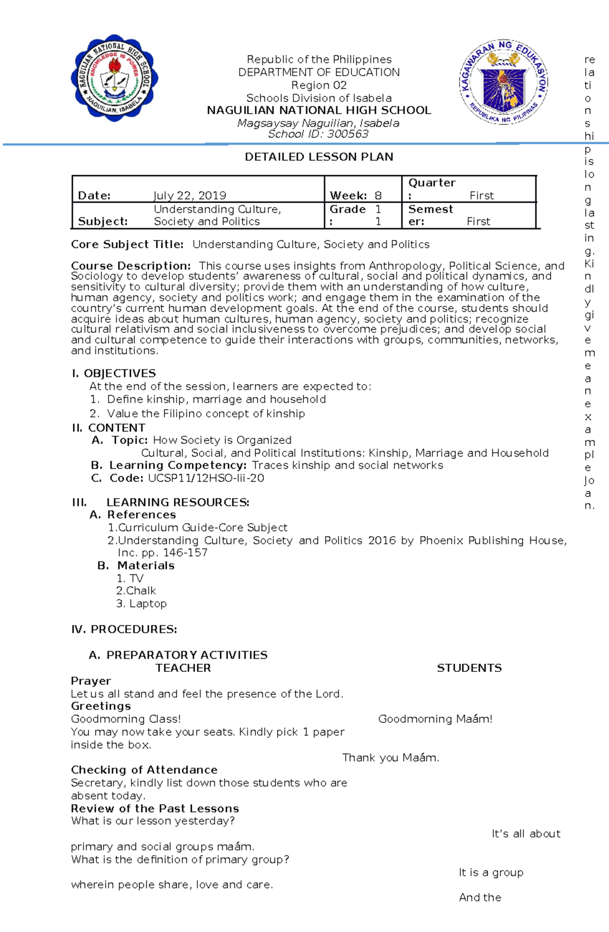 Detailed Lesson Plan for UCSP11/12HSO-Iii: Kinship & Society - Studocu