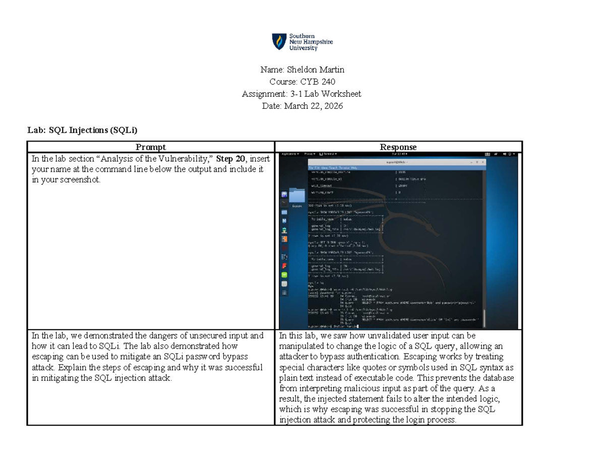 CYB 240 SQL Injection Lab Worksheet and Analysis - Studocu