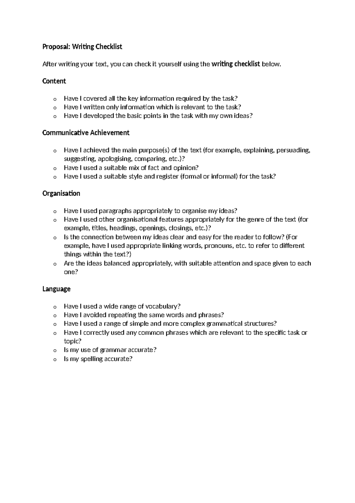 Proposal: Writing Checklist for Effective Text Creation - Studeersnel
