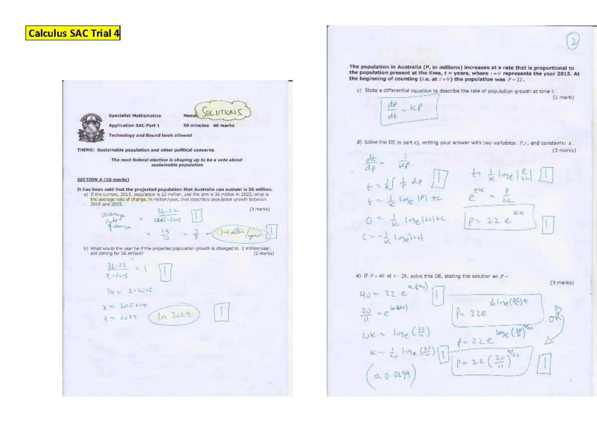 2024 VCE Specialist Mathematics Trial Exam 1 Detailed Solutions - Studocu