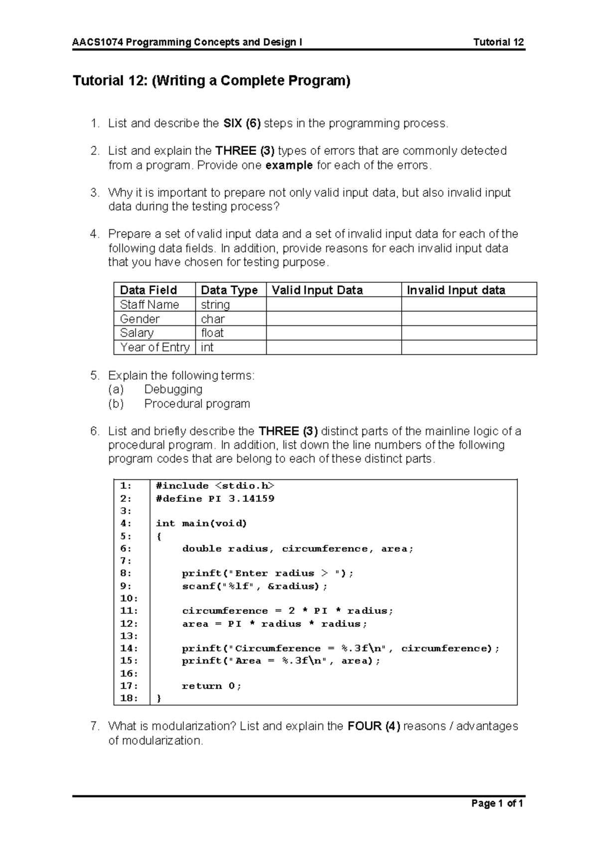 AACS1074 Tutorial 12: Steps in Writing a Complete Program - Studocu