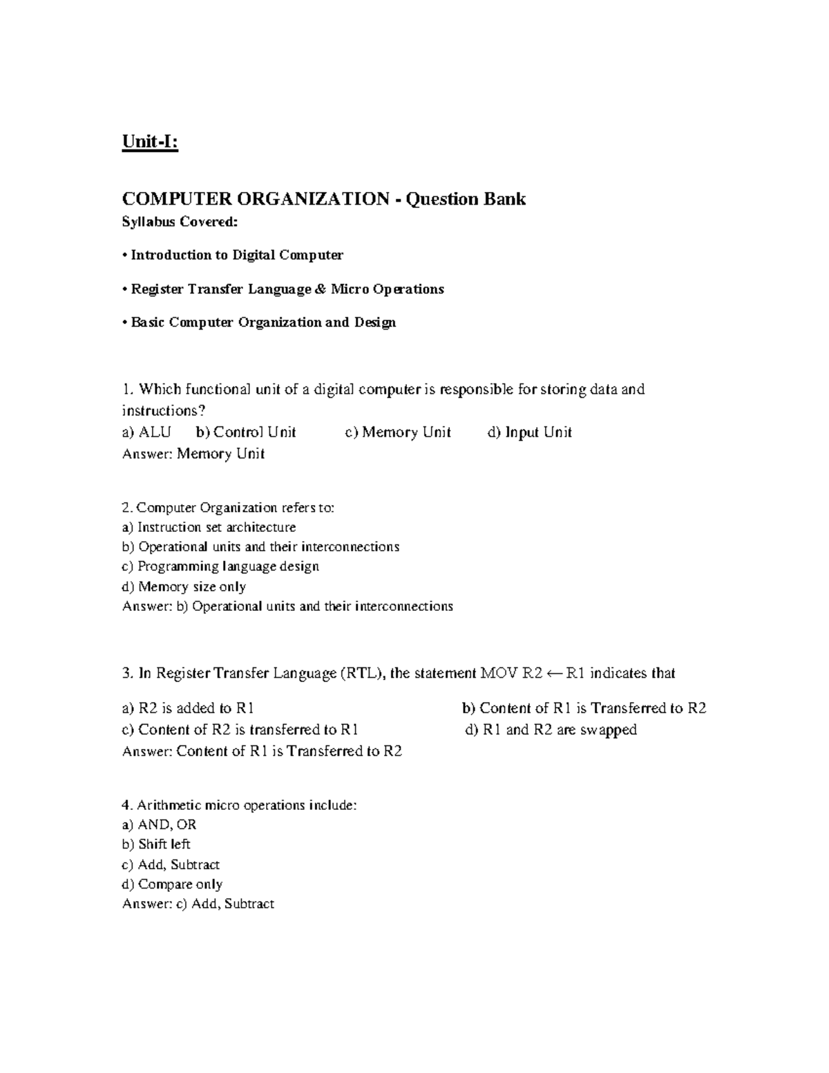 COMPUTER ORGANIZATION Question Bank (Caalp) - Units 1, 2 & 3 - Studocu