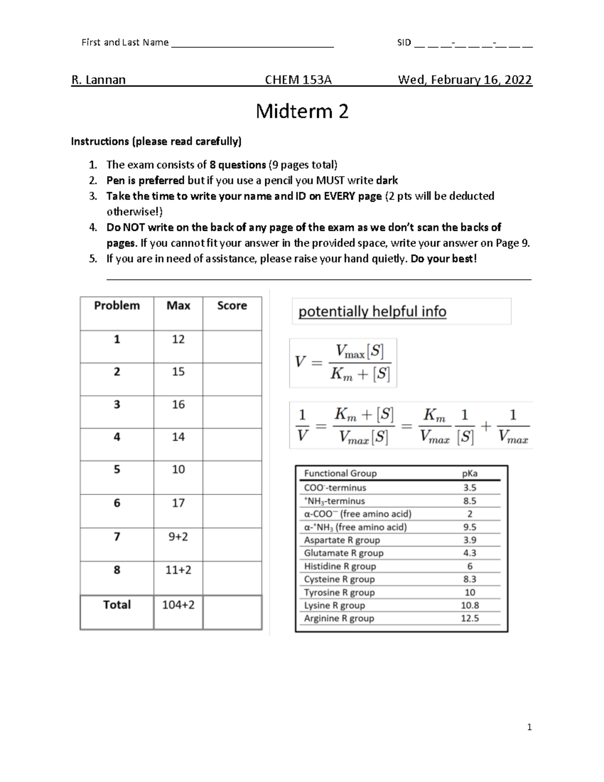 Chem 153A - Midterm 2 Practice Exam Instructions and Questions - Studocu