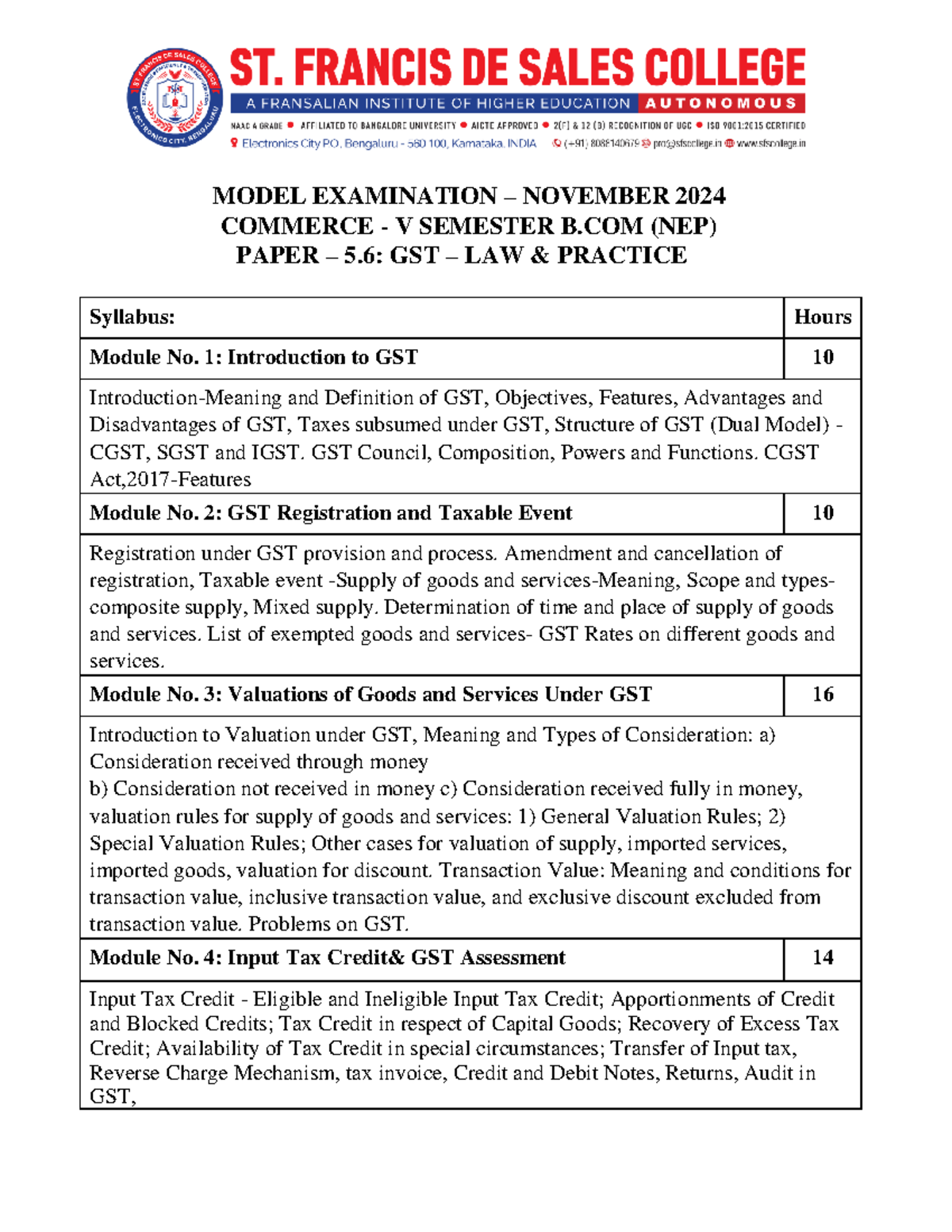 GST Syllabus - Use - MODEL EXAMINATION – NOVEMBER 2024 COMMERCE - V ...