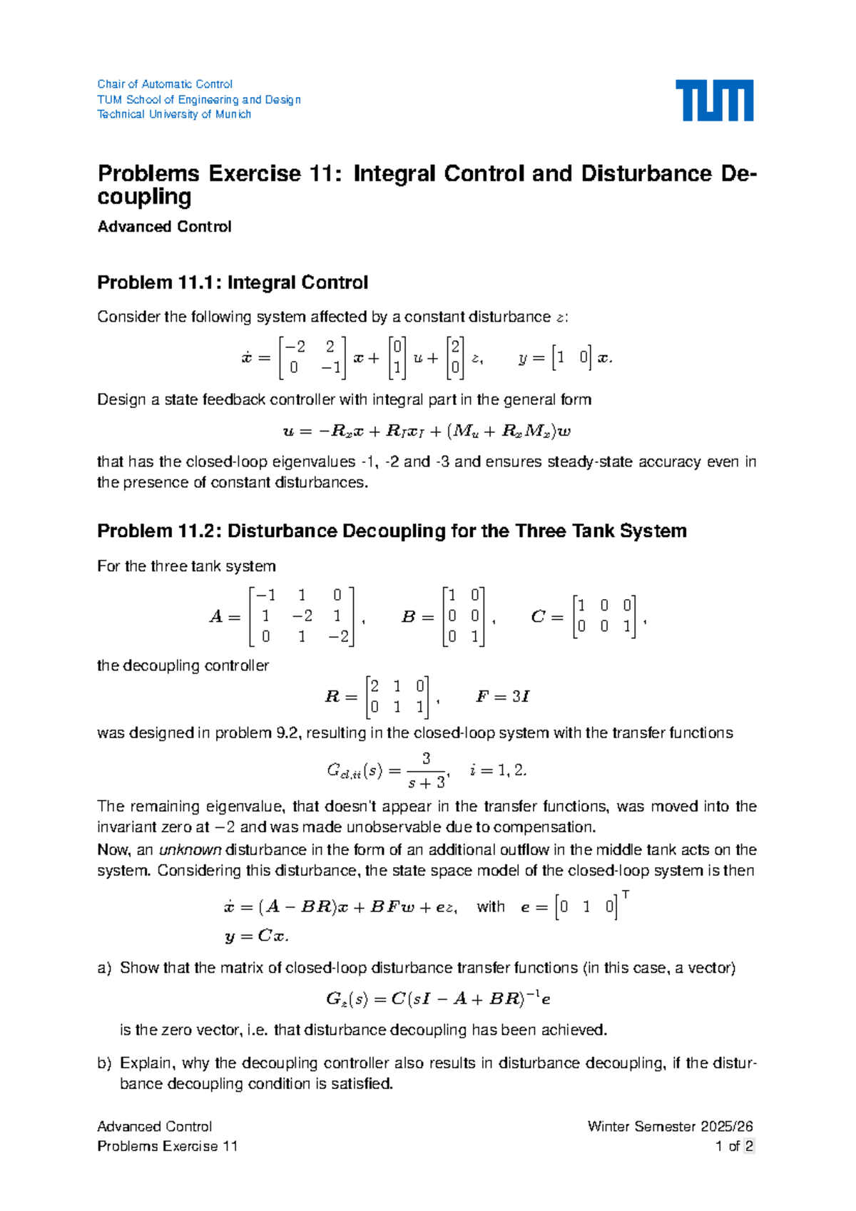 Advanced Control Problems Exercise 11 - TUM School of Engineering and ...
