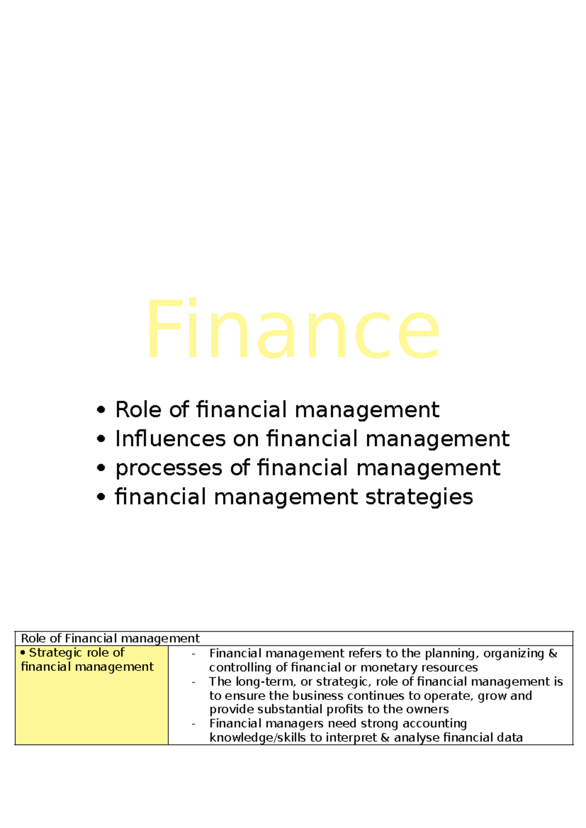 Finance 101: Strategic Role of Financial Management in Business - Studocu