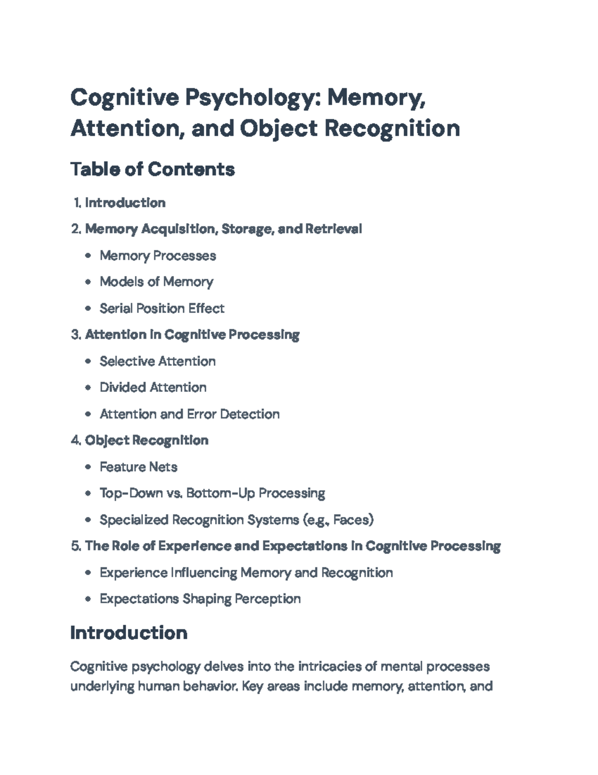 Cognitive Psychology: Memory, Attention, and Object Recognition ...