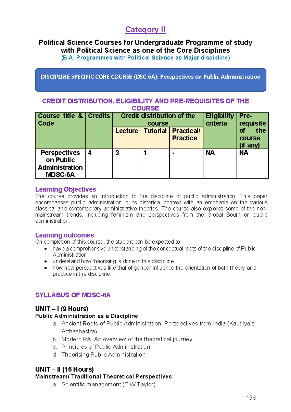 Political Science Syllabus (Semester 6): Perspectives on Public ...