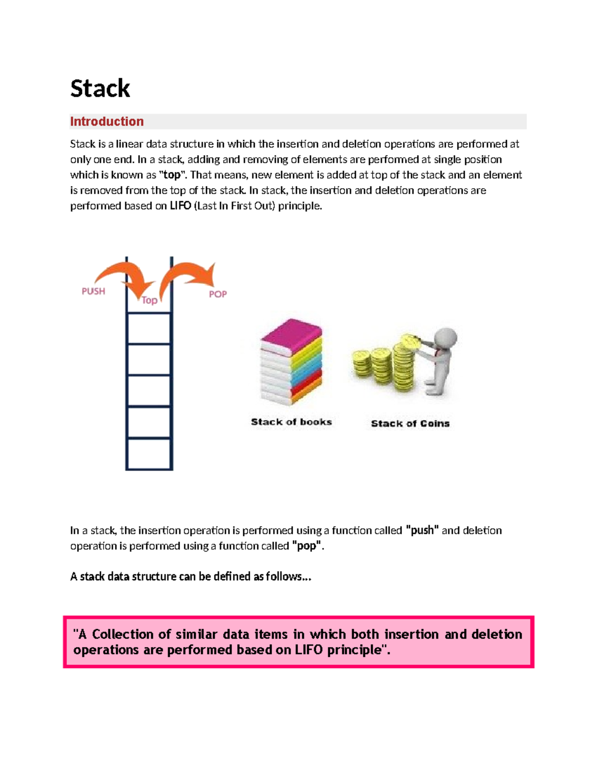 Stack Data Structure Overview and Implementation (CSI-304) - Studocu