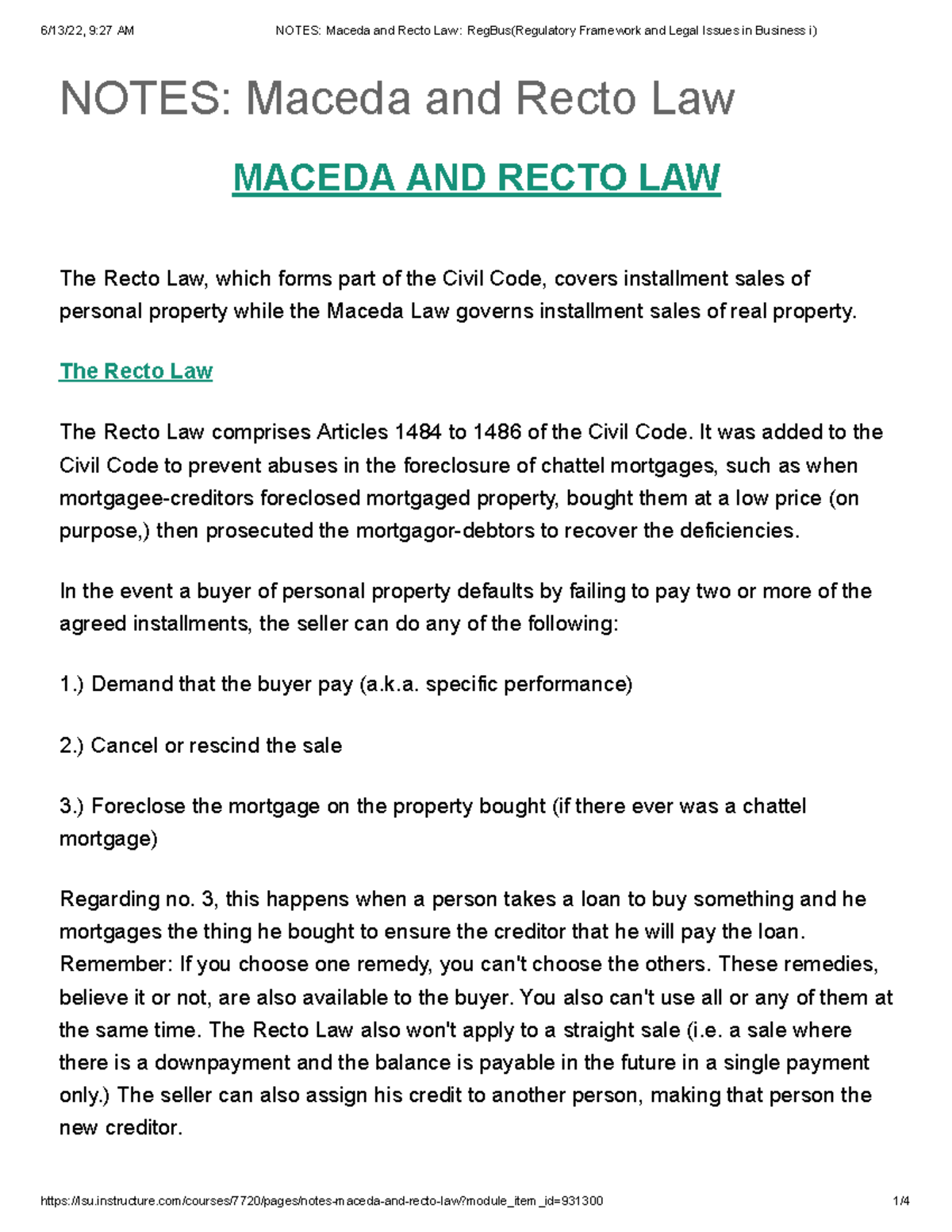 Maceda and Recto Law Notes: Regulatory Framework in Business (Reg Bus i ...
