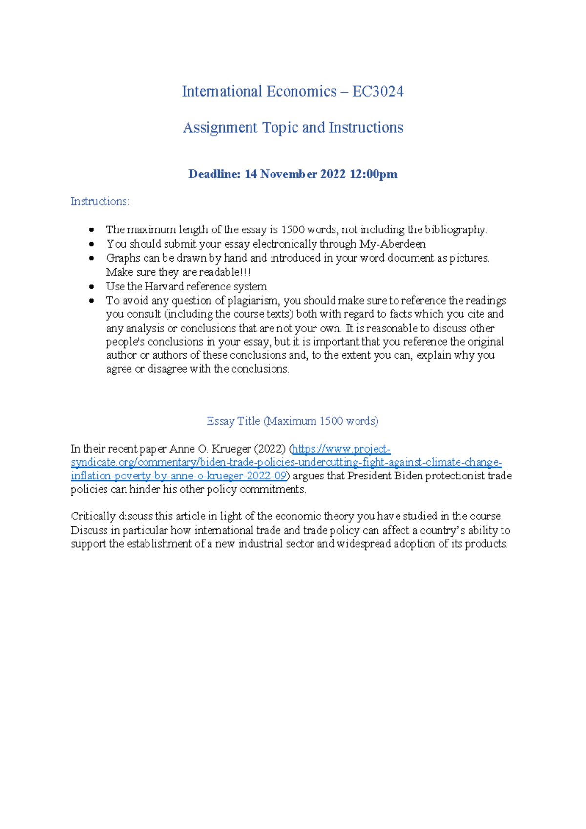 International Economics Assignment – EC: Trade Policy Impacts on ...