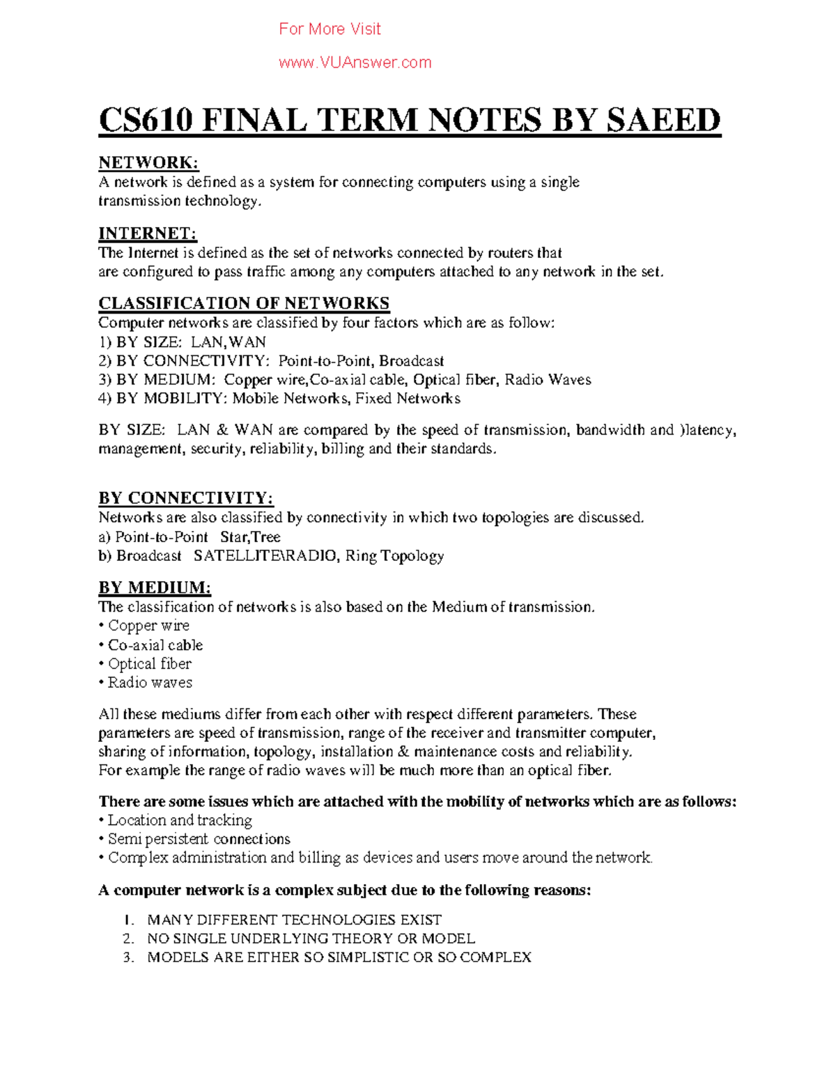 CS610 Final Term Notes: Networking Concepts and Technologies - Studocu