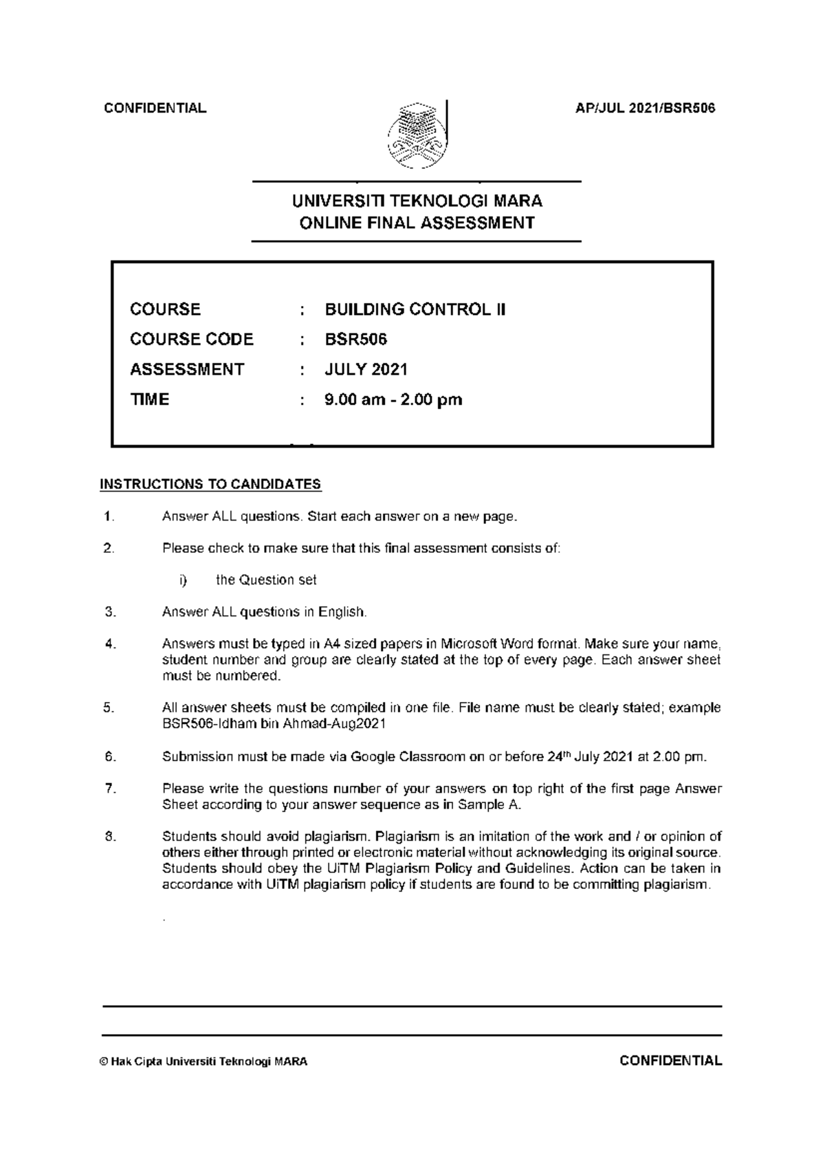 BSR506 - Online Final Assessment for Building Control II - Studocu
