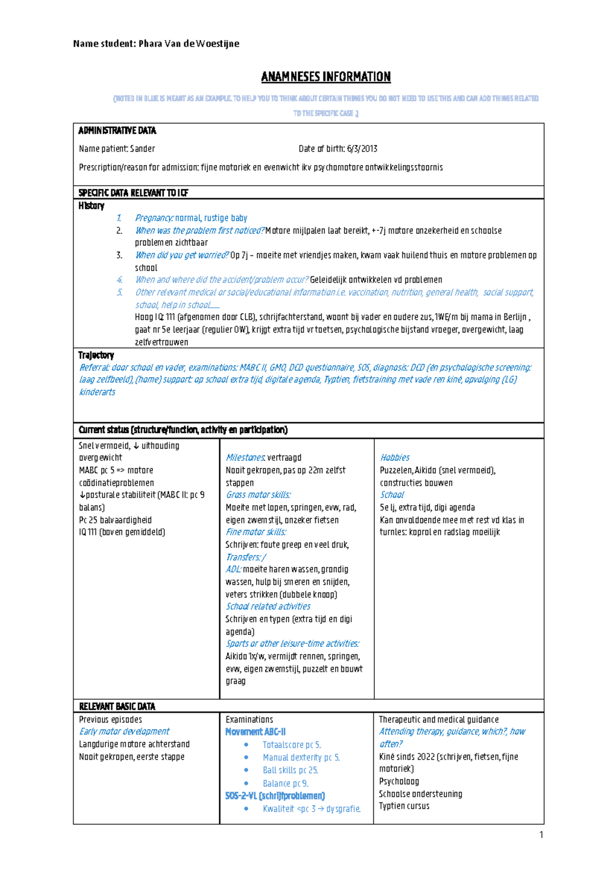 Paediatric History Form Sander (Casus 2) - Anamnese & ICF Data - Studocu