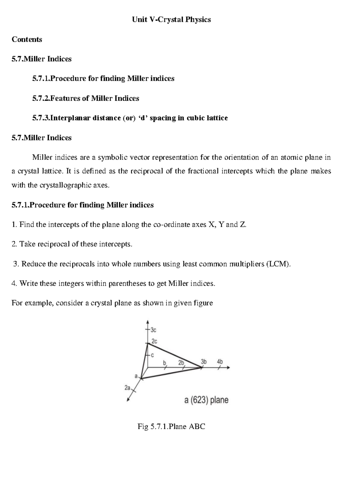Miller Indices & Interplanar Distances in Crystal Physics (Unit V ...