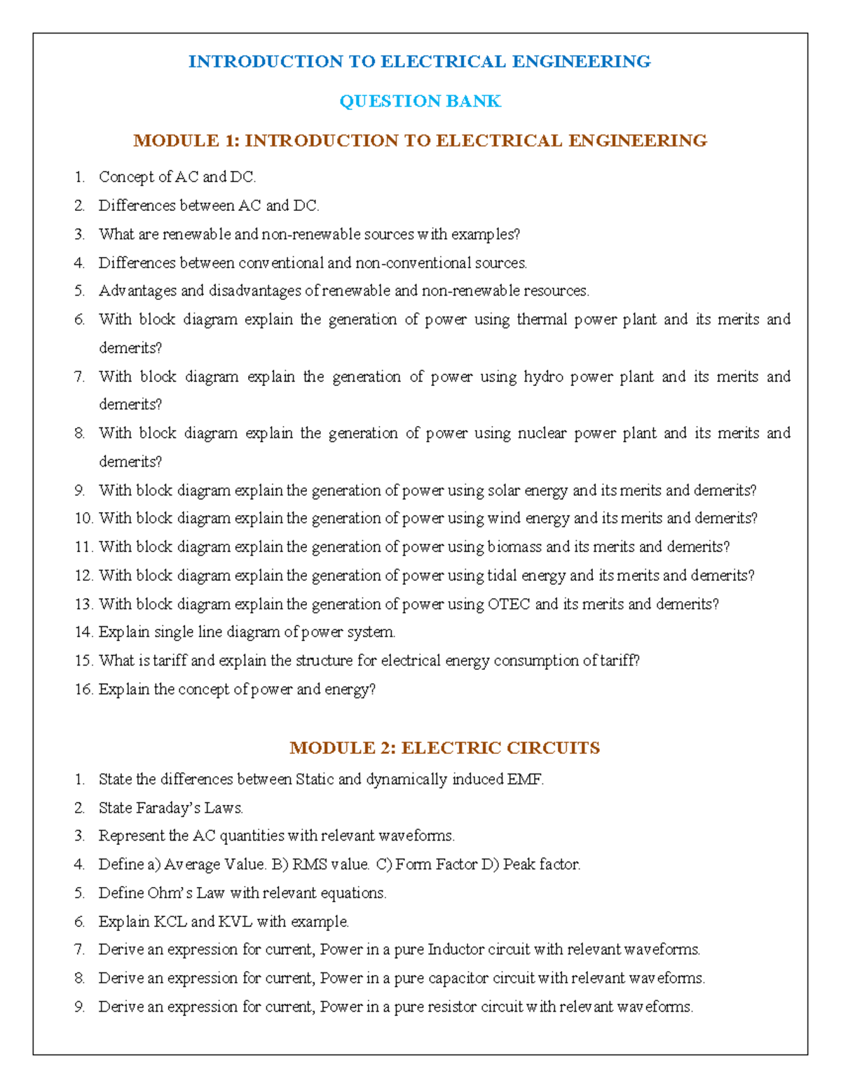 EE 101: Important Questions for Electrical Engineering Modules - Studocu