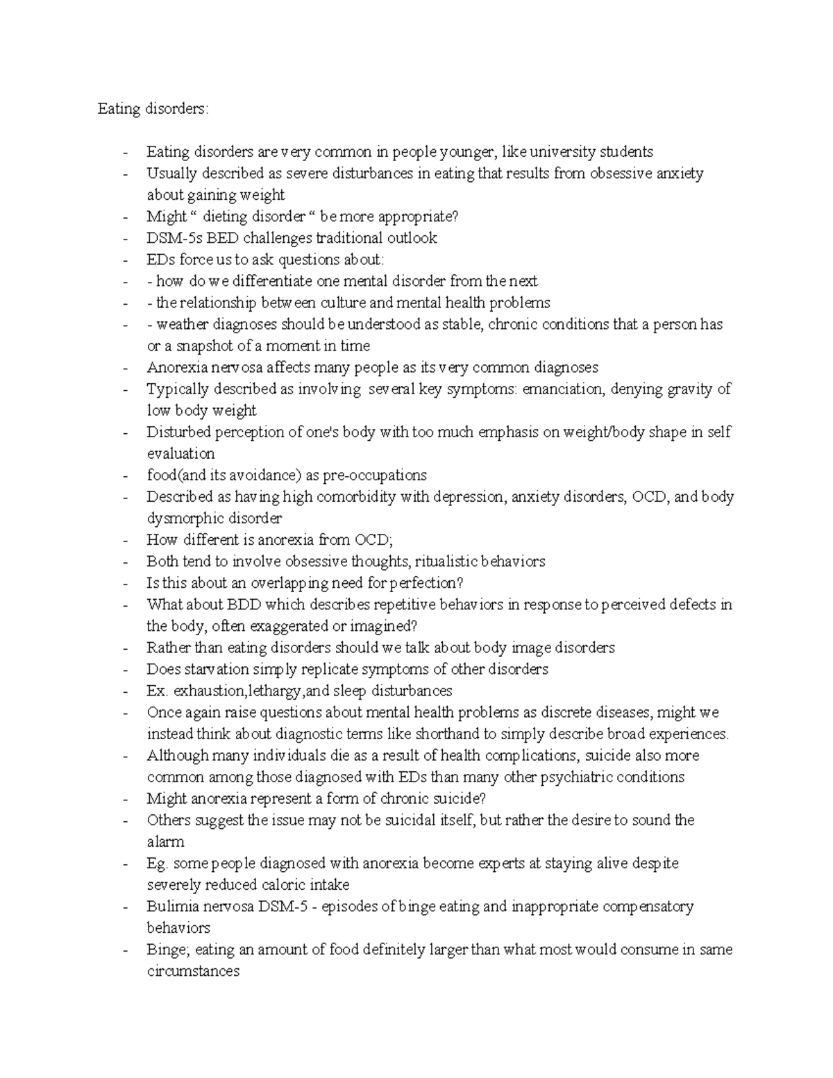 H Lthage 1CC3 WEEK 6 Study Notes on Eating Disorders Analysis - Studocu