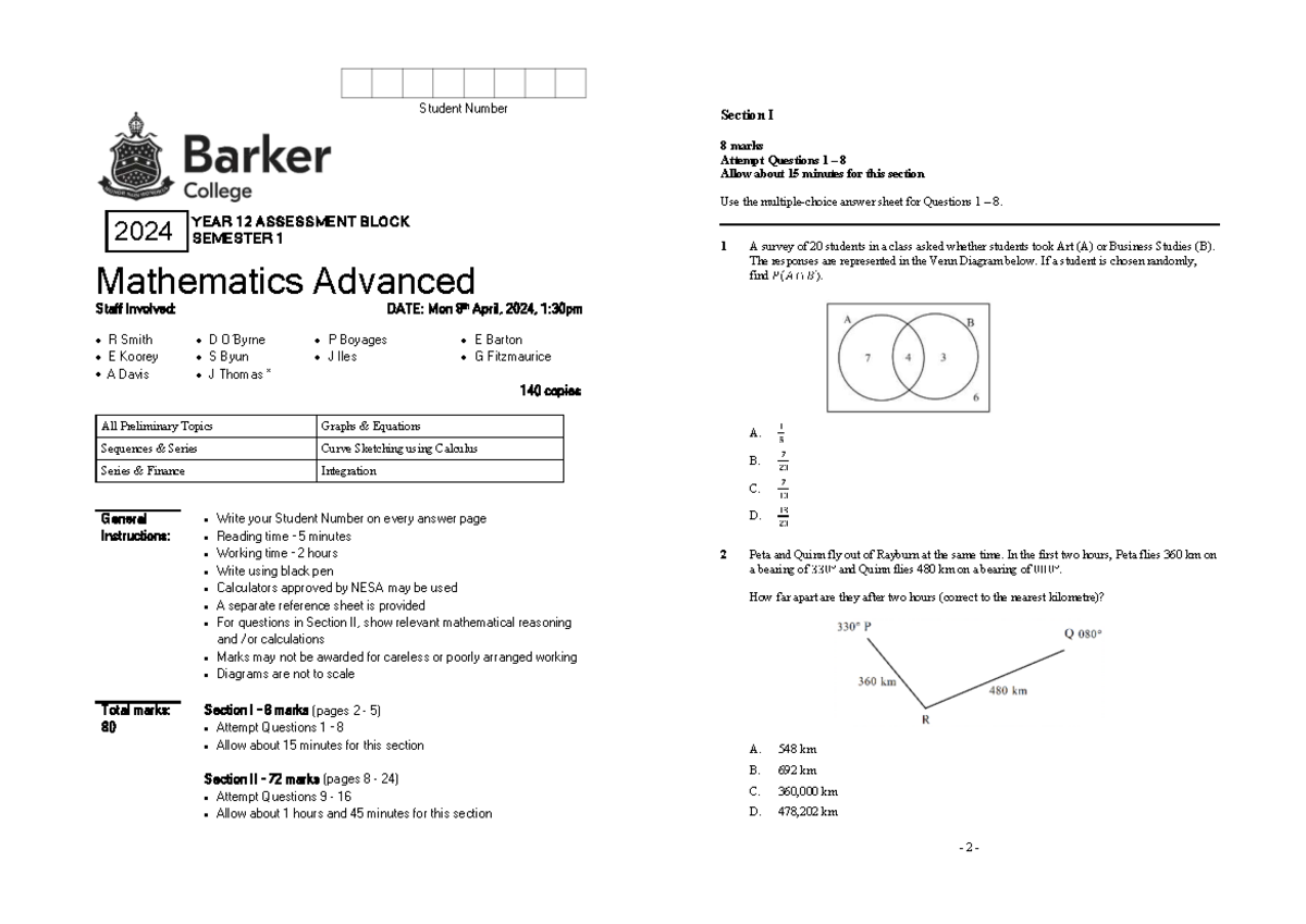 Mathematics Advanced Exam 2024 - Semester 1 Assessment - Studocu