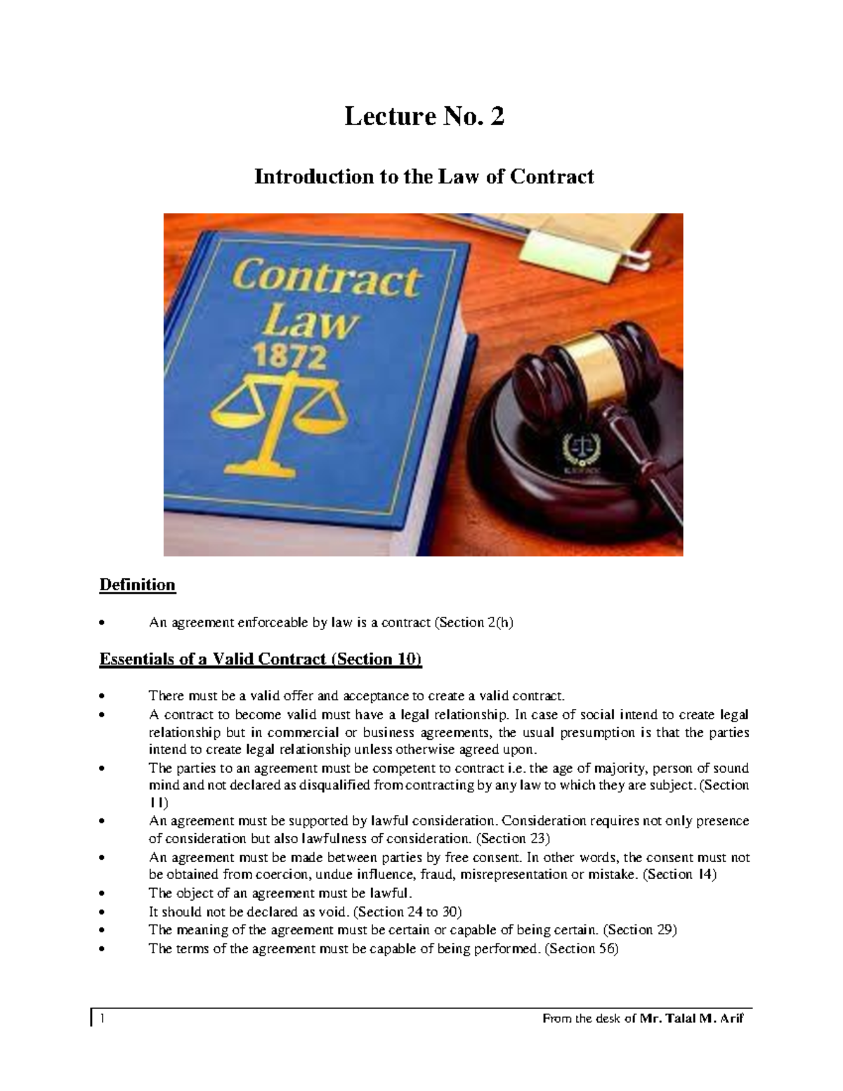 Lecture No. 2: Introduction to the Law of Contract Essentials - Studocu
