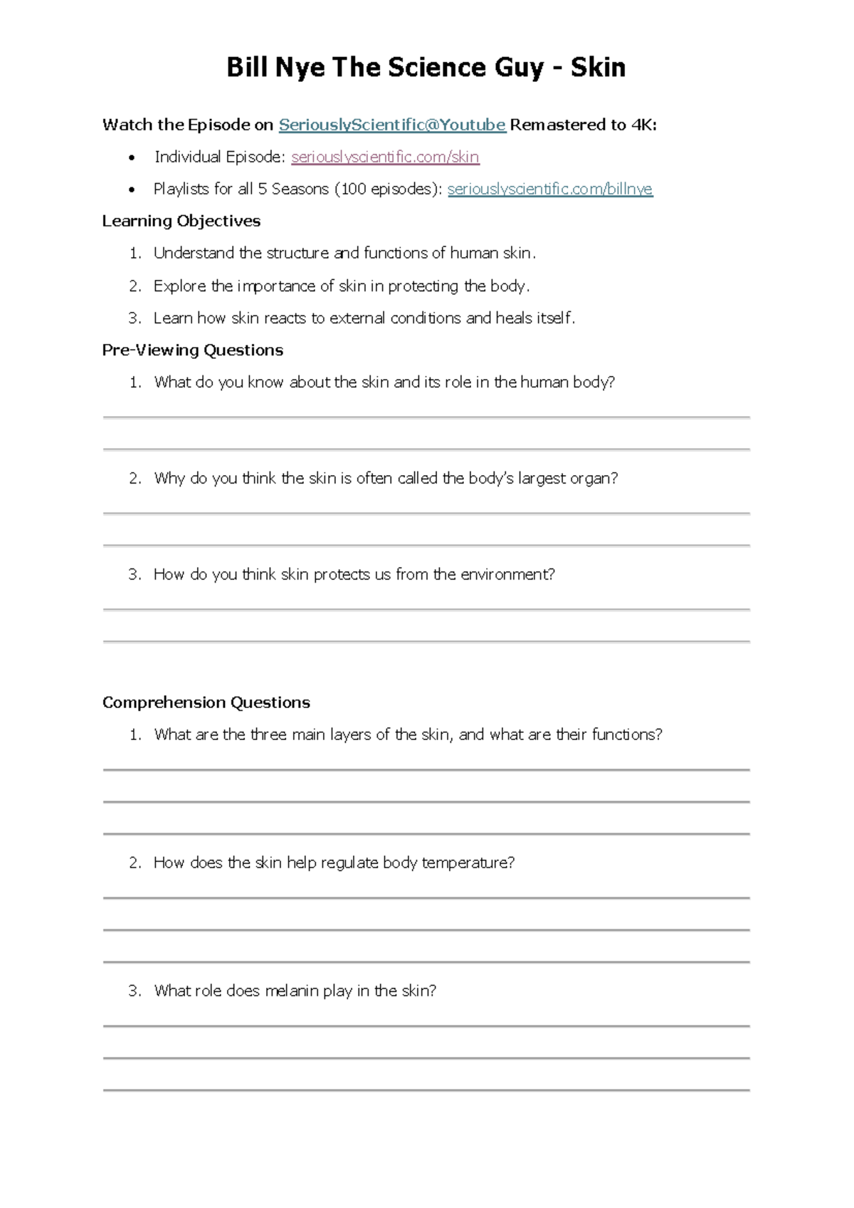 Bill Nye The Science Guy: Skin Worksheet & Learning Objectives - Studocu