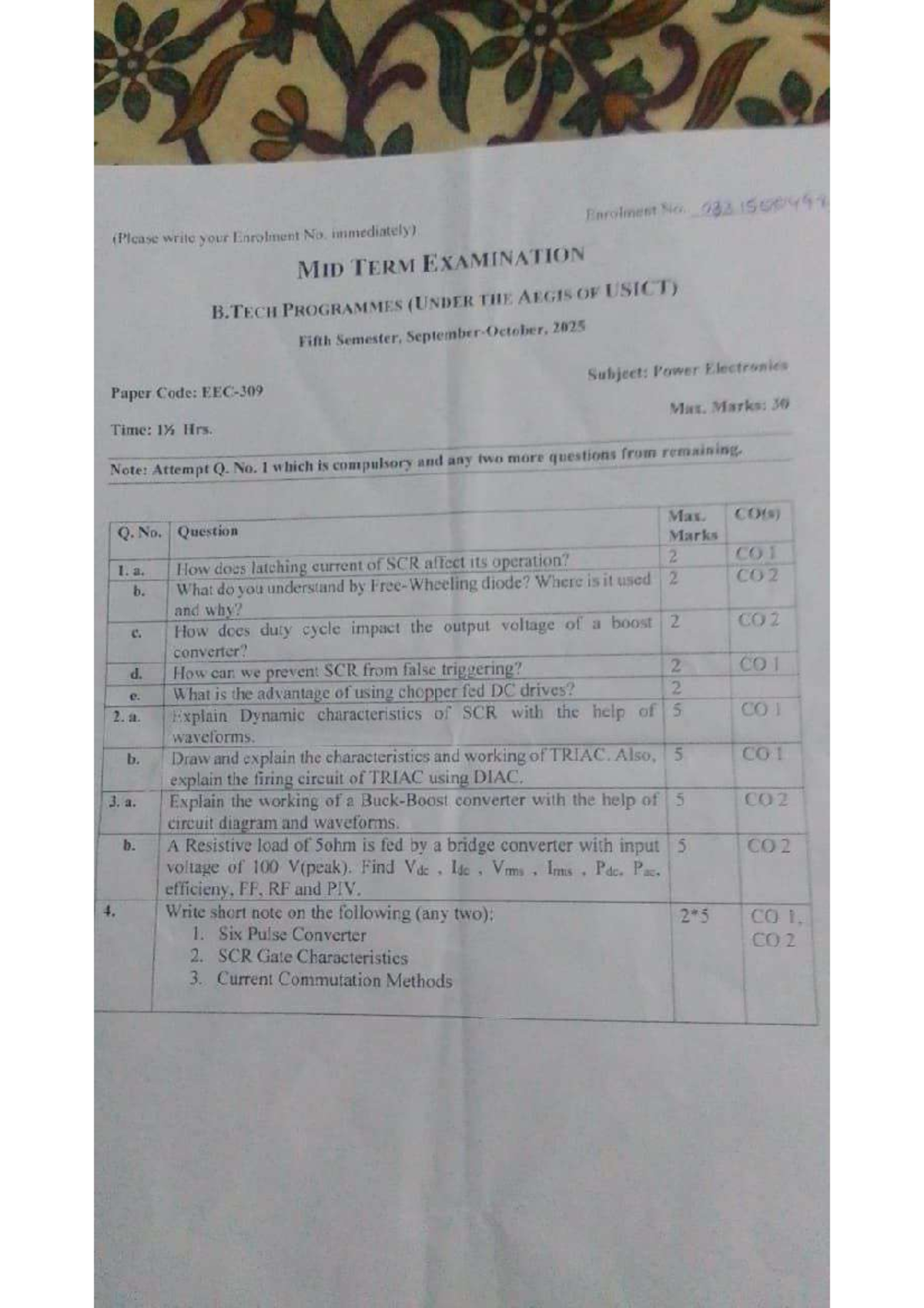 B.TECH 5th Sem Mid Term Exam: Power Electronics (Paper Code) - Studocu