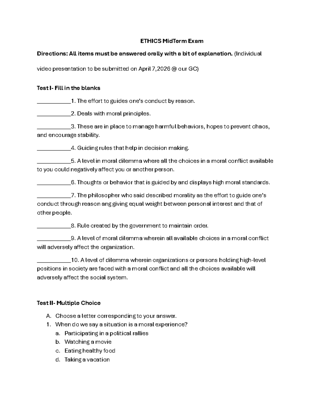 ETHICS MidTerm Exam Guide: Key Concepts & Questions 2025-2026 - Studocu