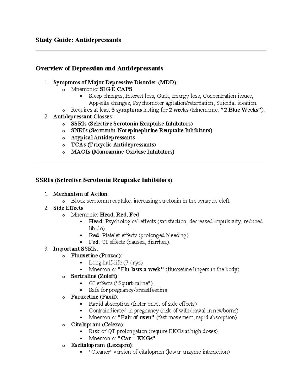 Study Guide: Antidepressants Overview (PSYCH 101) - Studocu